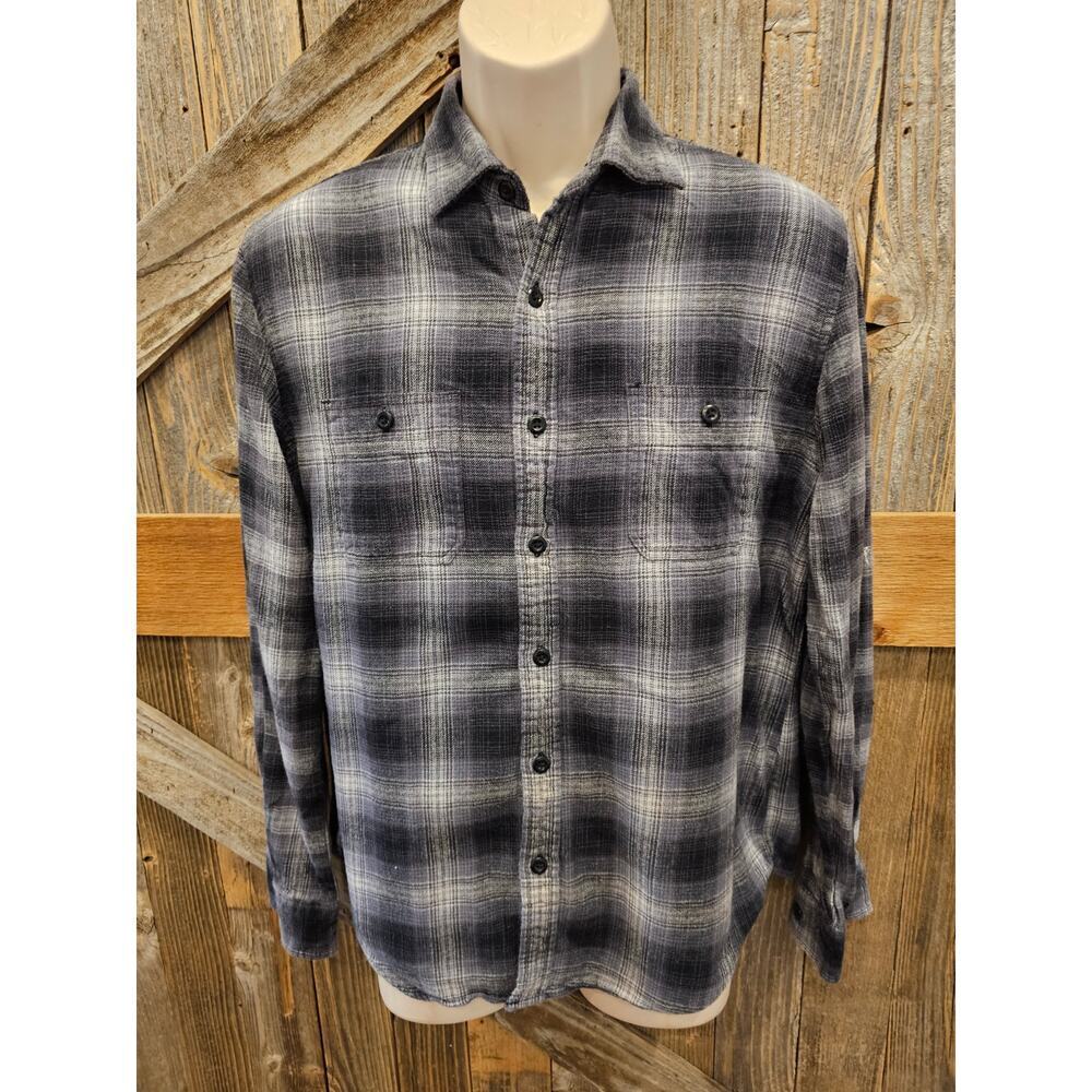 True craft size large L men's black plaid flannel long sleeve button up warm ^